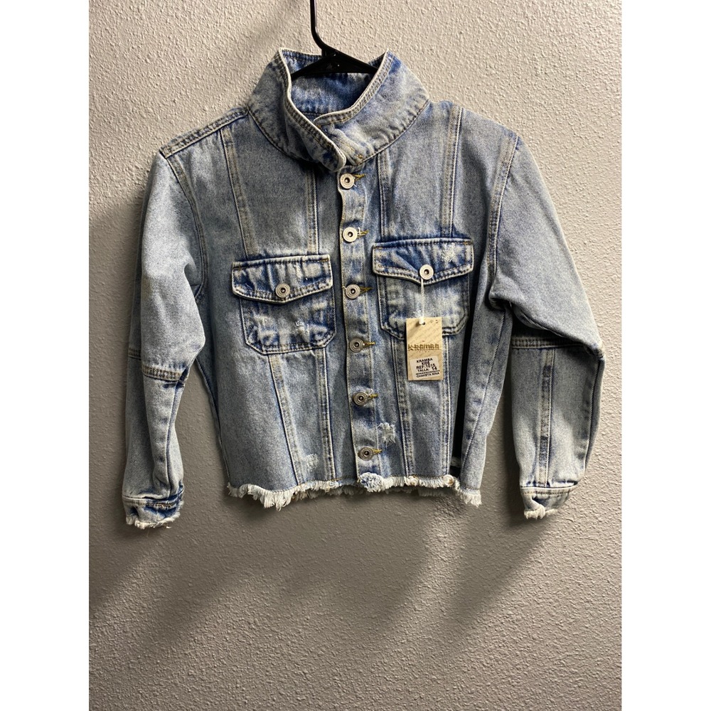K-Ramba Kids Girls Light Wash Distressed Denim Jacket Raw Hem Size 14 REF:1015